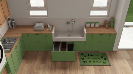 Pet friendly mudroom, laundry room in green tones with cabinets and dog bath shower with tiles and faucet, wooden ladder inside a drawer. Top view, above. Cozy interior design idea