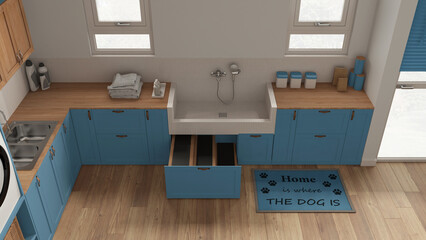 Pet friendly mudroom, laundry room in blue tones with cabinets and dog bath shower with tiles and faucet, wooden ladder inside a drawer. Top view, above. Cozy interior design idea