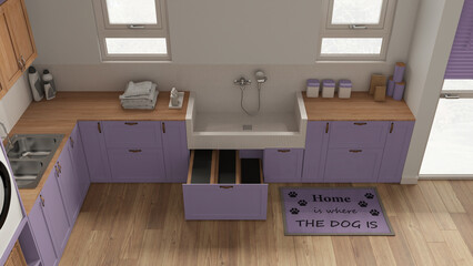 Pet friendly mudroom, laundry room in purple tones with cabinets and dog bath shower with tiles and faucet, wooden ladder inside a drawer. Top view, above. Cozy interior design idea