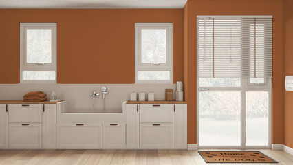 Space devoted to pet, modern laundry room in orange tones with cabinets and dog bath shower with mosaic tiles and faucet. Parquet floor and windows. Cozy mudroom interior design idea