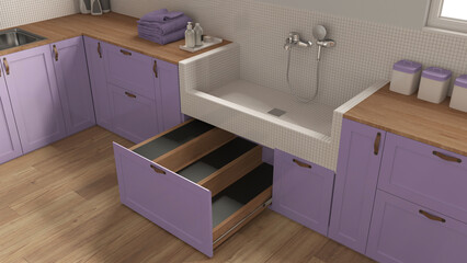 Pet friendly laundry room, close up, mudroom in purple tones with cabinets and dog bath shower with tiles and accessories, ladder inside a drawer. Interior design, top view, above