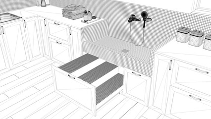 Blueprint project draft, pet friendly laundry room, close up, mudroom with cabinets and dog bath shower with tiles, ladder inside a drawer. Interior design idea, top view, above