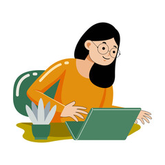 Woman working with laptop in flat design style