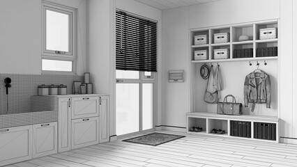 Unfinished project draft, pet friendly mudroom, laundry room, cabinets and shelves. Dog bath shower with mosaic tiles and accessories. Coat hanger and bench. Modern interior design