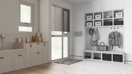 Architect interior designer concept: hand-drawn draft unfinished project that becomes real, pet friendly mudroom, laundry room, cabinets and shelves. Dog bath shower, hanger and bench