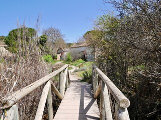 Wooden walkway in Laguna de Ruidera nature park. Castile La Mancha, Spain.