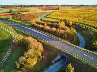 Aerial drone view of French countryside and motorway in France