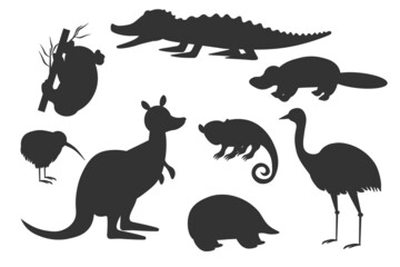 Set of black silhouettes of Australian animals. Kangaroo, koala and emu on a white background. Vector illustration EPS