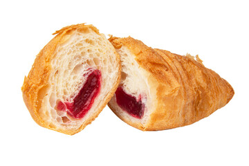 French croissant with cherry jam filling isolated on the white background