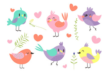 Set of cute little colorful birds isolated on white background EPS