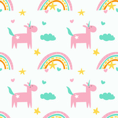 seamless pattern with cartoon unicorns, rainbows, clouds, decor elements on a neutral background. Colorful vector flat style for kids. Animals. hand drawing. baby design for fabric, print EPS