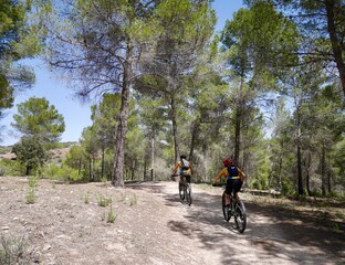 Fototapeta na wymiar Mountain bikers in Laguna de Ruidera nature park. Castile La Mancha, Spain.