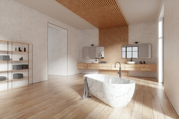 Bathroom interior with white marble bathtub, wooden slats. 3d rendering, 3d illustration, layout.