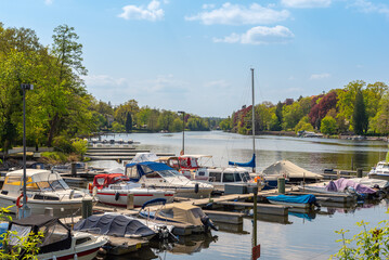 Marina with pleasure boats at the small Wannsee in the south-west of Berlin. The river Havel waterway connects the big Wannsee with the Griebnitz lake