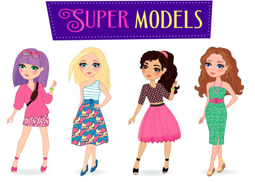 fashionable beautiful girls in stylish clothes in different poses. vector illustration for children. stickers