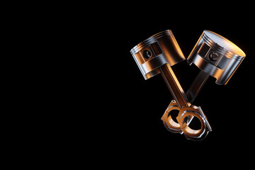 Piston and connecting rod of an internal combustion engine on a black background. Concept car, repair, engine. 3d rendering, 3D illustration.
