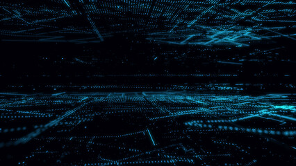 Digital database cyberspace. Decoding algorithms hacked software. Cyber security with moving particles. Big data visualization. 3d rendering.