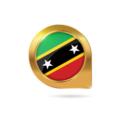 Flag of Saint Kitts and Nevis, location map pin, pointer flag, button with the reflection of light and shadow, gold frame, Icon country. Realistic vector illustration on white background.