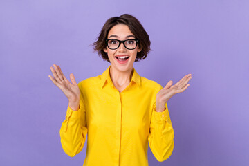 Photo of hooray young lady arms up wear formal cloth eyewear isolated on purple color background