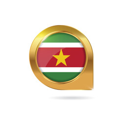 Flag of Suriname, location map pin, pointer flag, button with the reflection of light and shadow, gold frame, Icon country. Realistic vector illustration on white background.