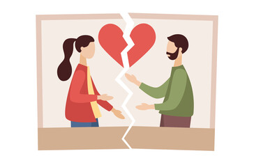Divorce icon. Torn photo of couple in love. Break up. End of family life. Separation ex-wife and husband. Crisis relationship. Unhappy love. Vector flat illustration 