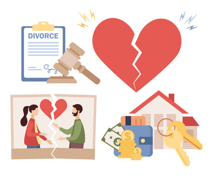 Divorce icon. Torn photo of couple in love. Broken heart. Break up. End of family life. Separation ex-wife and husband. Agreement divorce papers and property divison. Vector flat illustration 