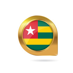 Fototapeta premium Flag of Togo, location map pin, pointer flag, button with the reflection of light and shadow, gold frame, Icon country. Realistic vector illustration on white background.