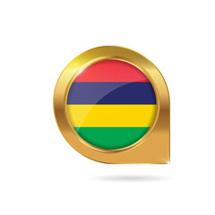 Flag of Mauritius, location map pin, pointer flag, button with the reflection of light and shadow, gold frame, Icon country. Realistic vector illustration on white background.