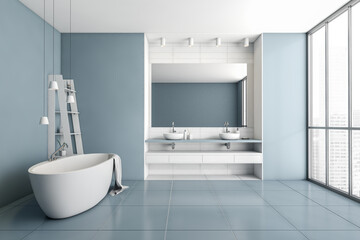 Fototapeta na wymiar Front view on bright bathroom interior with large mirror, bathtub