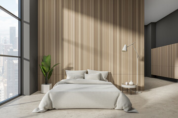 Front view on dark bedroom interior with empty grey wall - obrazy, fototapety, plakaty