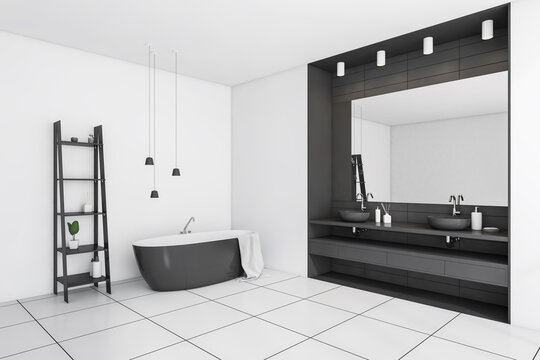 Corner view on dark bathroom interior with large mirror, bathtub