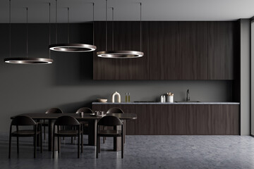 Front view on dark kitchen room interior with dining table - obrazy, fototapety, plakaty