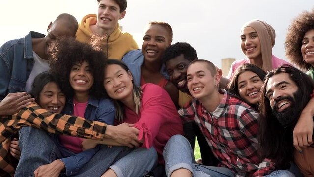 Diverse people having fun outdoor laughing together - Diversity concept