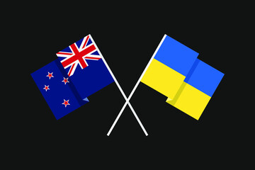 Flags of the countries of Ukraine and New Zealand (Polynesia) in national colors. Help and support from friendly countries. Flat minimal graphic design.