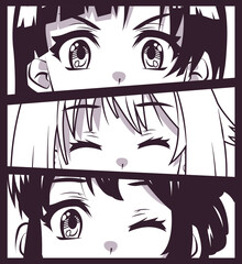 three girls anime faces