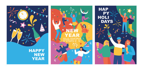 Set of posters with happy young fashion-dressed people celebrating the New Year.  Flat cartoon colorful vector illustration. Templates for card, banner or flyer.  