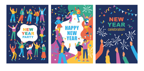 Set of posters with happy young fashion-dressed people celebrating the New Year.  Flat cartoon colorful vector illustration. Templates for card, banner or flyer.  