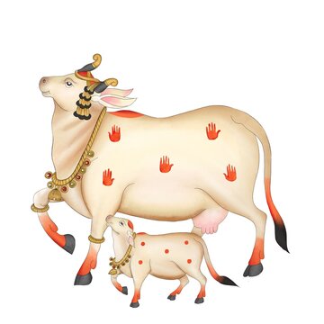 cow and calf pichwai art painting illustration 