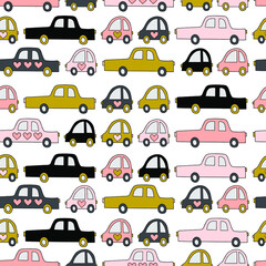 Naklejka premium kids simple cute cars isolated quirky characters vector seamless pattern hand drawn illustration