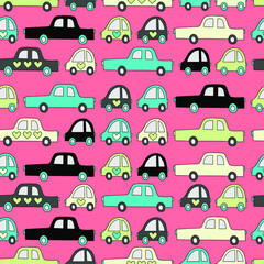 kids simple cute cars isolated quirky characters vector seamless pattern hand drawn illustration