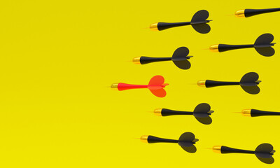 3d illustration, set of darts, one in front red color. leadership concept, yellow background, copy space, 3d rendering
