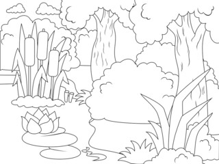 Fototapeta premium River flow scene. Hand drawn landscape, boat on shore