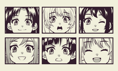 six girls anime faces