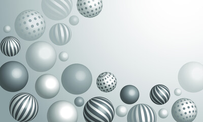 Abstract background with dynamic 3d spheres. White and gray bubbles. Vector illustration of balls textured with a striped pattern. Modern trendy banner or poster design