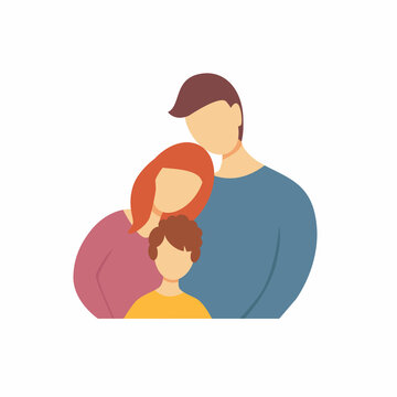 Vector cartoon illustration of happy family concept. Parents and child hug each other, have fun together. Portrait of a family of three.