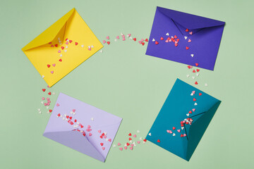 Congratulatory envelopes or letters with candy hearts pastel of color on a green background. Sweets sugar hearts on a envelope.