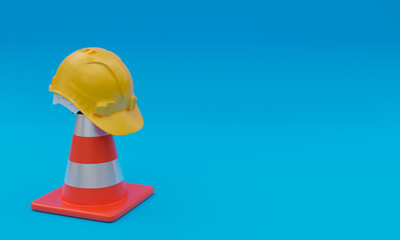 3d illustration, safety cone and protection helmet, on blue background, copy space, 3d rendering