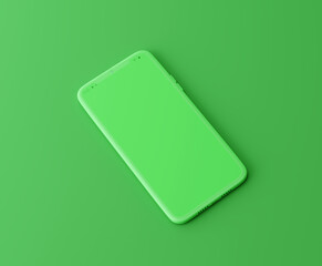 Mockup green smartphone with blank display on green background. 3d rendering