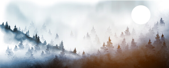 Fototapeta Misty forest mountains landscape. Traditional oriental ink painting sumi-e, u-sin, go-hua obraz