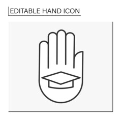 Hand with academic cap line icon. Education. University, school or college cap. Studying process. Hand concept. Isolated vector illustration. Editable stroke